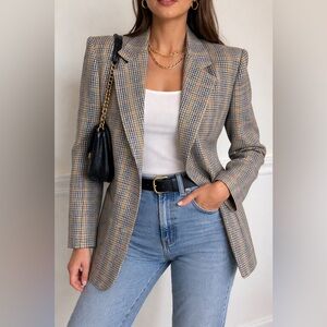 Vintage French Navy Plaid Shoulder Pad Blazer 80s Power Blazer
